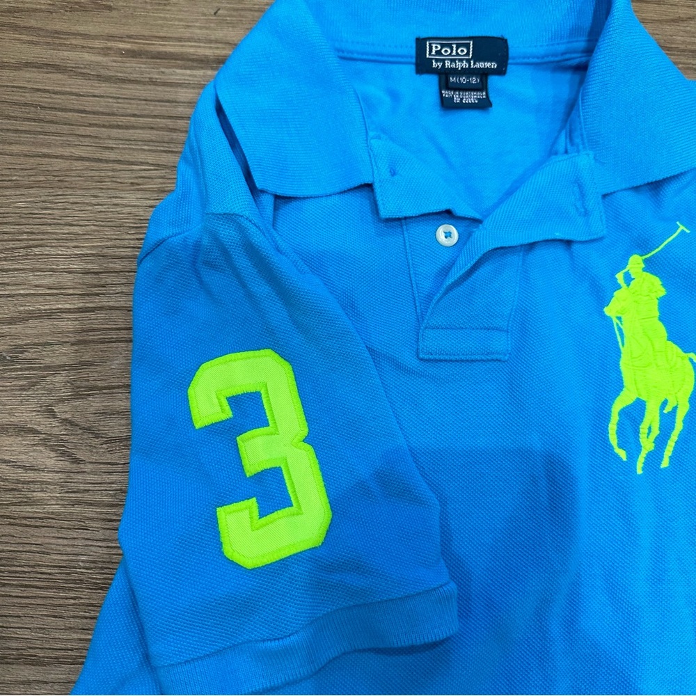 Polo by Ralph Lauren Boys Aqua Blue Polo Shirt with Neon Horse and #3 size M